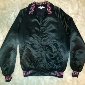 Vintage 80s West Ark Hot Pink Music Notes Satin Bomber Jacket Snap Button L EUC